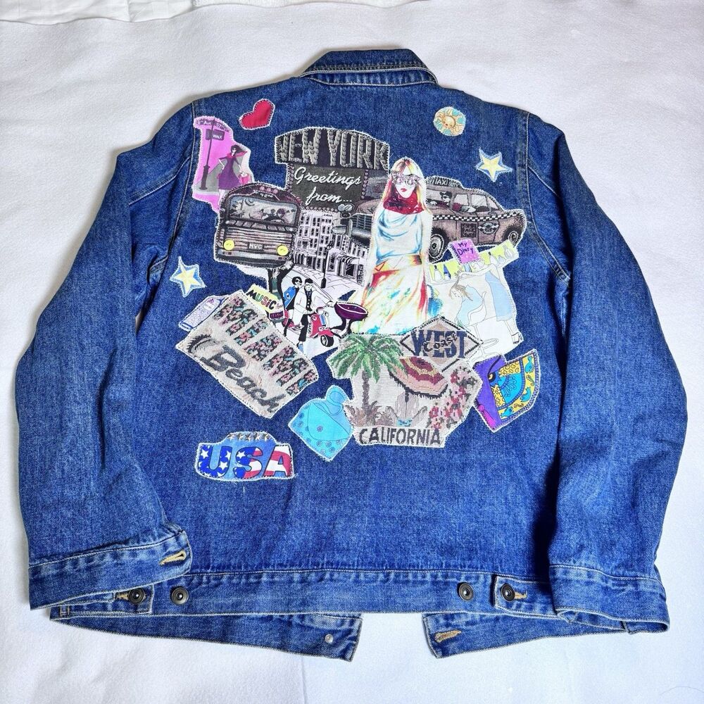 Jane Elissa Denim Jacket Womens M Appliqué Patch USA Travel California Swiftie